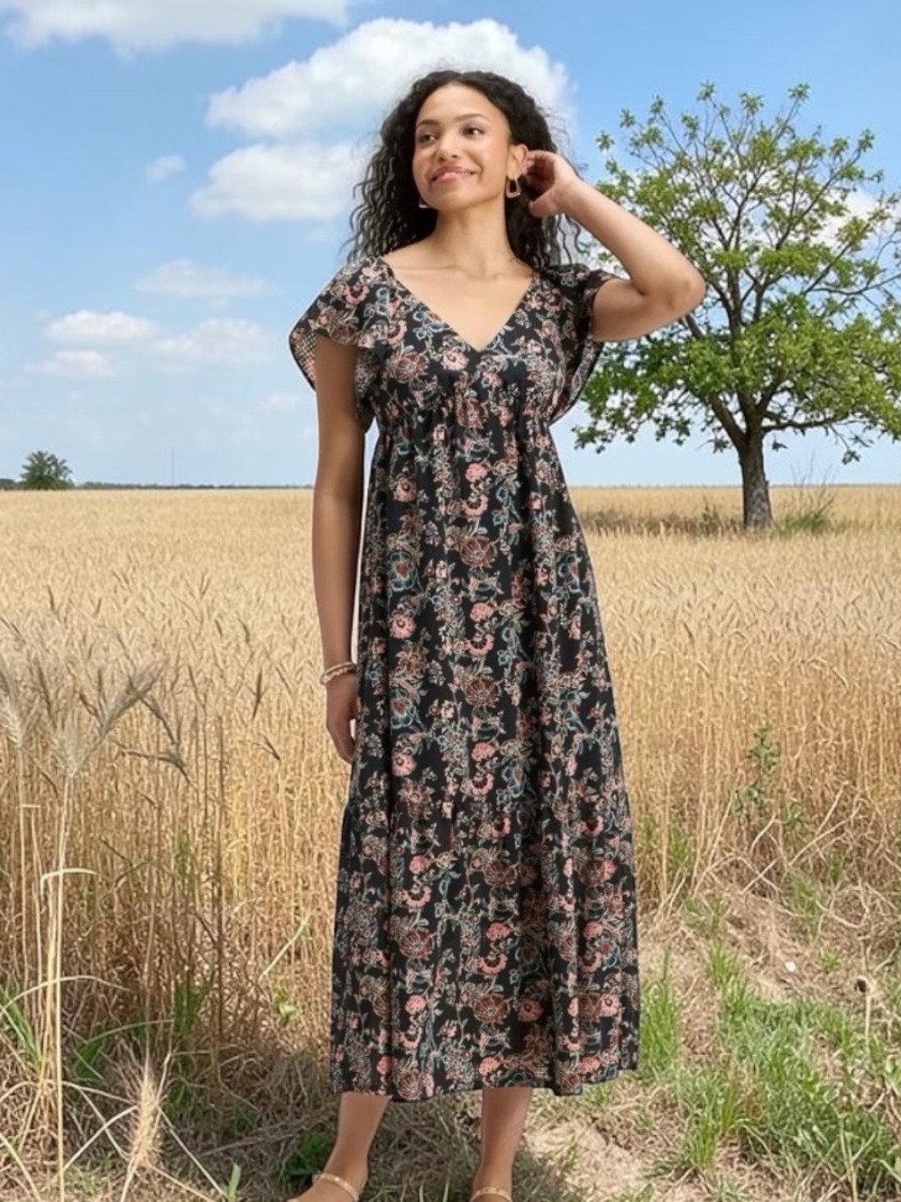Universal Thread Sz S Black Babydoll Floral Flutter Sleeve Maxi A-Line Dress